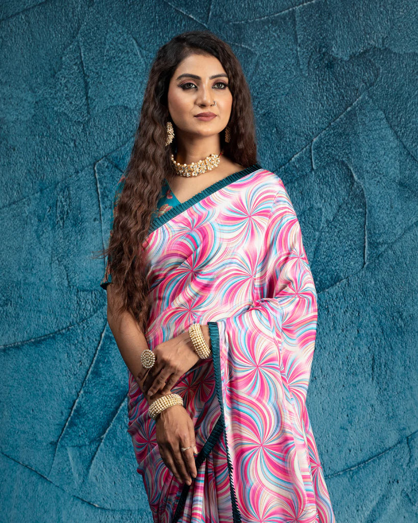Carnation Pink And Green Abstract Pattern Digital Print Crepe Silk Saree With Satin Border