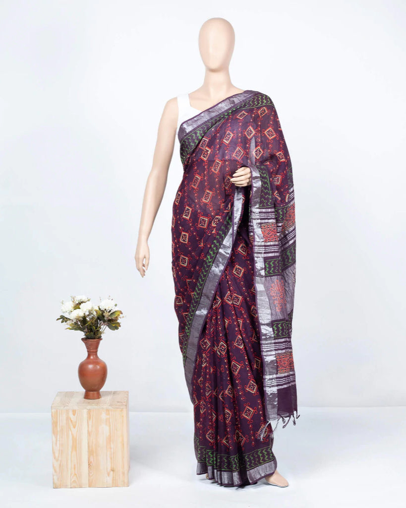 Eggplant Purple And Red Traditional Pattern Handblock Zari Bordered With Heavy Pallu Cotton By Linen Saree With Blouse