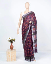 Eggplant Purple And Red Traditional Pattern Handblock Zari Bordered With Heavy Pallu Cotton By Linen Saree
