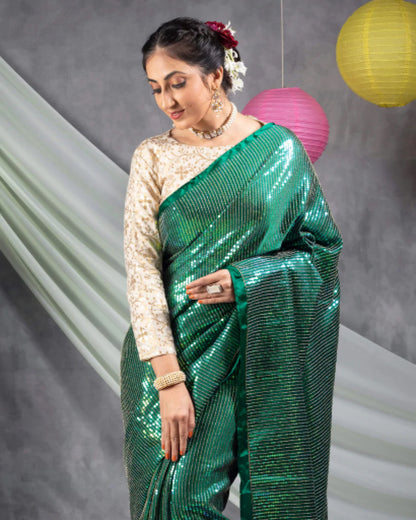 Sacramento Green All Over Premium Rainbow Sequins Japan Satin Saree