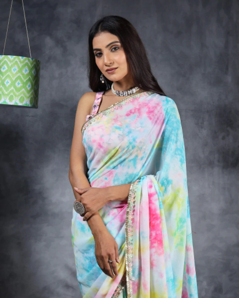 Sky Blue And Pink Tie & Dye Pattern Digital Print Georgette Saree With Sequins Lace Border