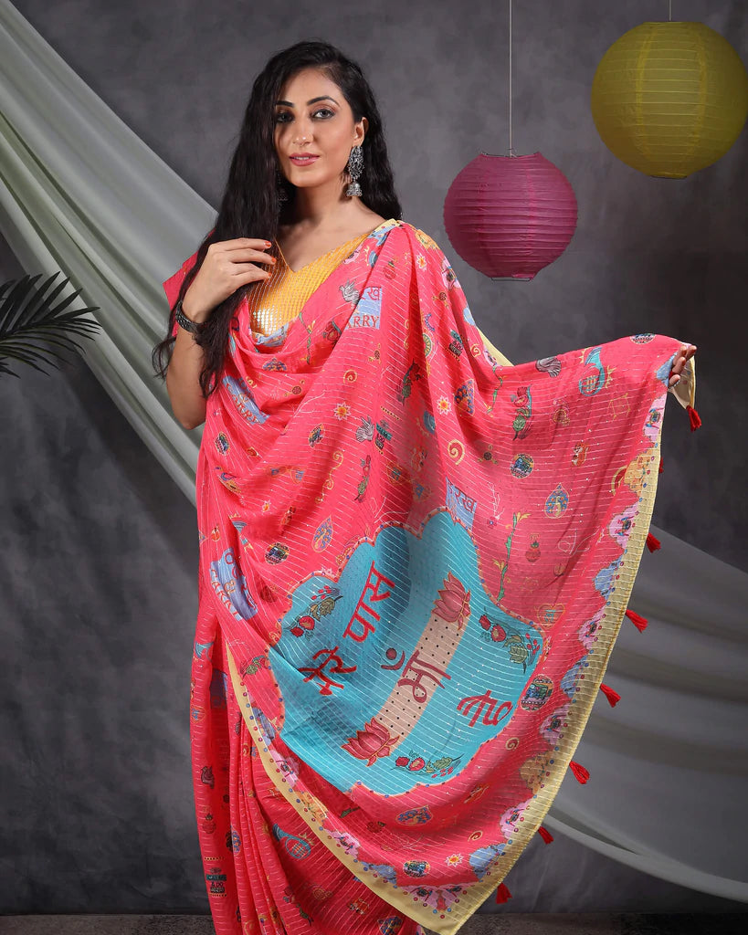 Brick Pink And Blue Quirky Pattern Premium Sequins Georgette Saree With Tassels