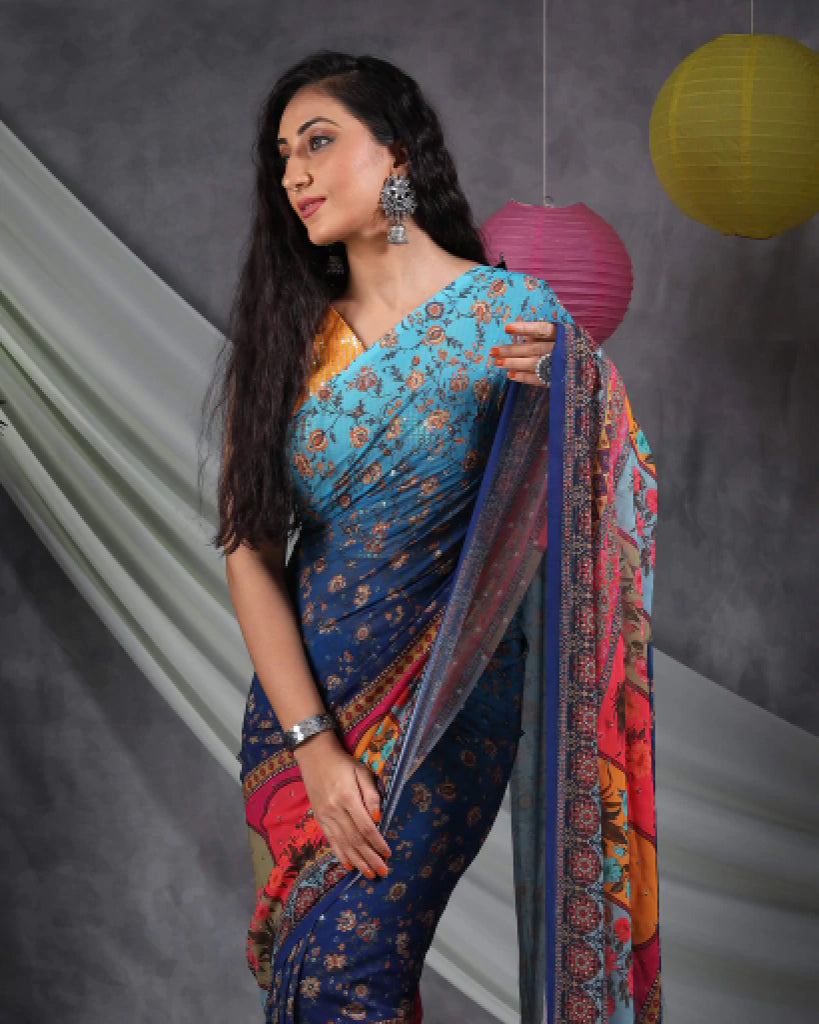 Navy Blue And Red Floral Pattern Booti Sequins Digital Print Georgette Saree With Tassels