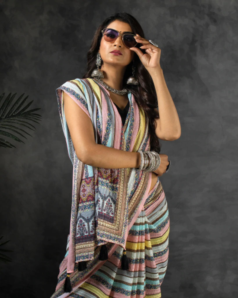 Multi-Color Stripes Pattern Premium Sequins Georgette Saree With Tassels
