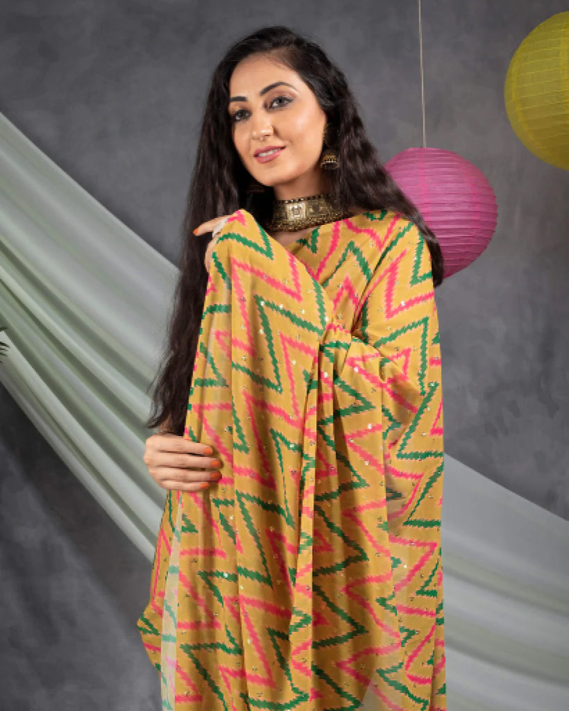 Dijon Yellow And Green Chevron Pattern Booti Sequins Digital Print Georgette Saree With Tassels
