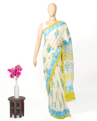 Daisy White And Cobalt Blue Floral Pattern Handblock Zari Bordered With Heavy Pallu Pure Chanderi Saree