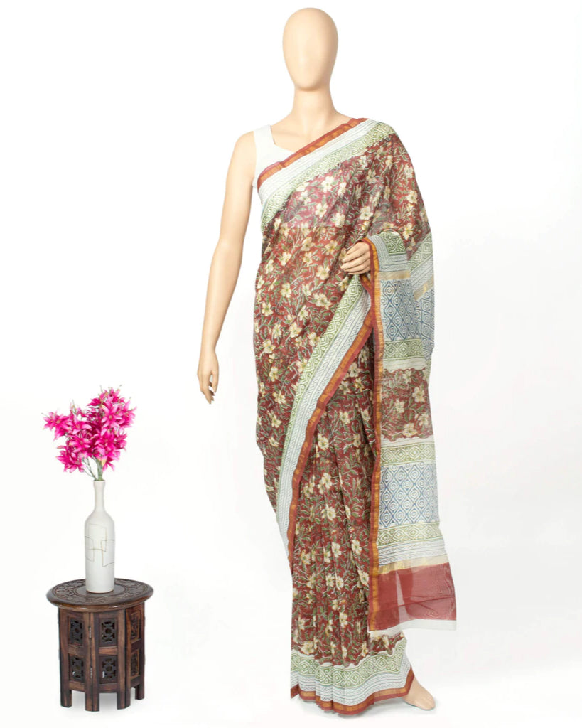 Maroon And White Floral Pattern Handblock Zari Bordered With Heavy Pallu Pure Chanderi Saree With Blouse