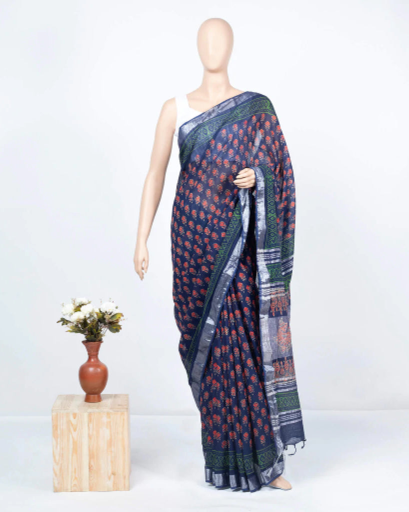 Prussian Blue And Red Floral Pattern Handblock Zari Bordered With Heavy Pallu Cotton By Linen Saree With Blouse