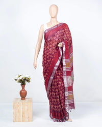 Mulberry Purple And Red Booti Pattern Handblock Zari Bordered With Heavy Pallu Cotton By Linen Saree