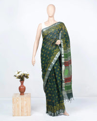Sacramento Green And Red Booti Pattern Handblock Zari Bordered With Heavy Pallu Cotton By Linen Saree