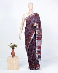 Eggplant Purple And Red Quirky Pattern Handblock Zari Bordered With Heavy Pallu Cotton By Linen Saree
