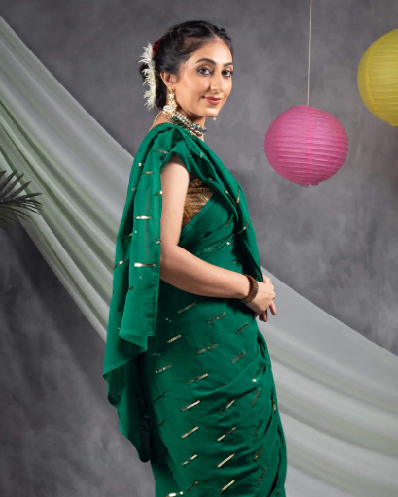 Sacramento Green Stripes Pattern Sequins Embroidery Georgette Saree