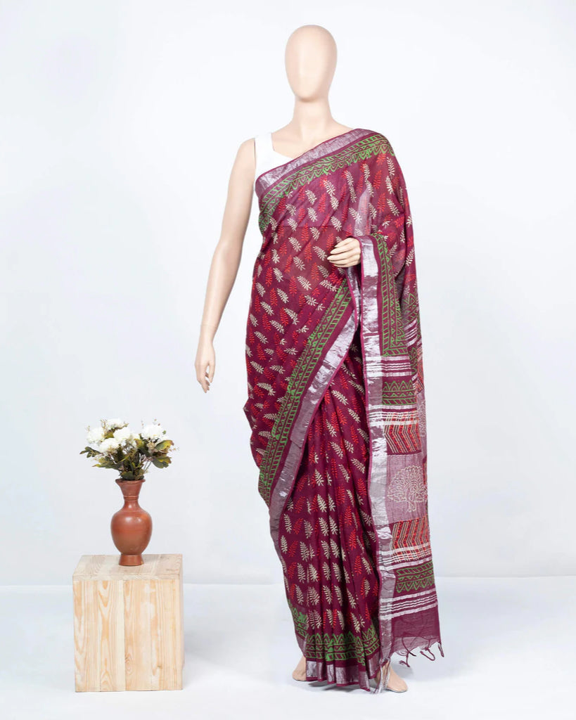 Mulberry Purple And Cream Leaf Pattern Handblock Zari Bordered With Heavy Pallu Cotton By Linen Saree With Blouse