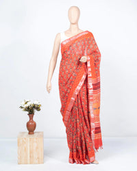 Dark Orange And Cream Floral Pattern Handblock Zari Bordered With Heavy Pallu Cotton By Linen Saree