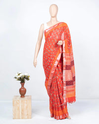 Dark Orange And Cream Floral Pattern Handblock Zari Bordered With Heavy Pallu Cotton By Linen Saree