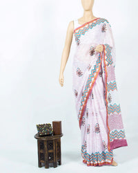 White And Heather Purple Floral Pattern Handblock Zari Bordered Cotton Mulmul Saree