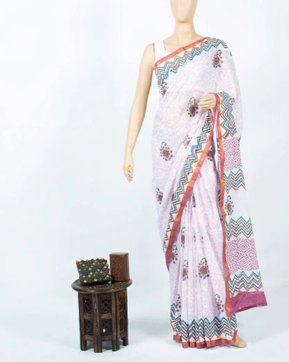 White And Heather Purple Floral Pattern Handblock Zari Bordered Cotton Mulmul Saree