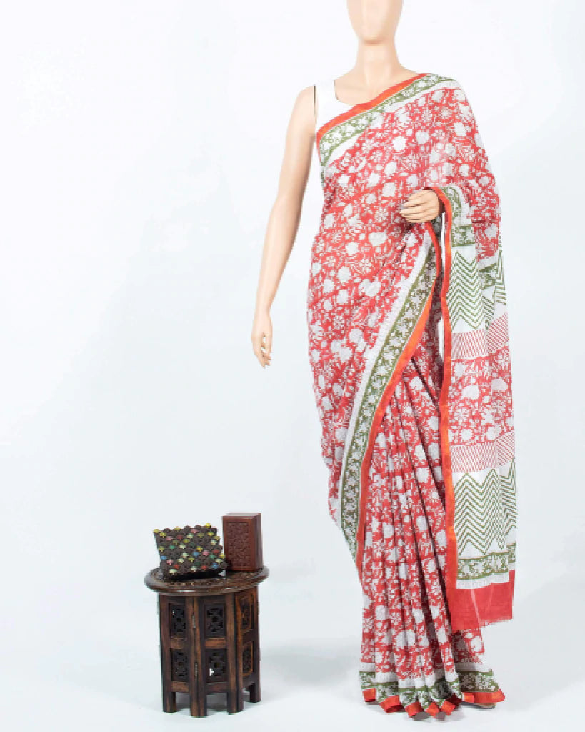 White And Crimson Red Floral Pattern Handblock Zari Bordered Cotton Mulmul Saree With Blouse