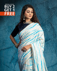 White And Blue Shiiborii Pattern Digital Print Booti Sequins Butter Crepe Saree With Tubular Beads Sequins Lace Border