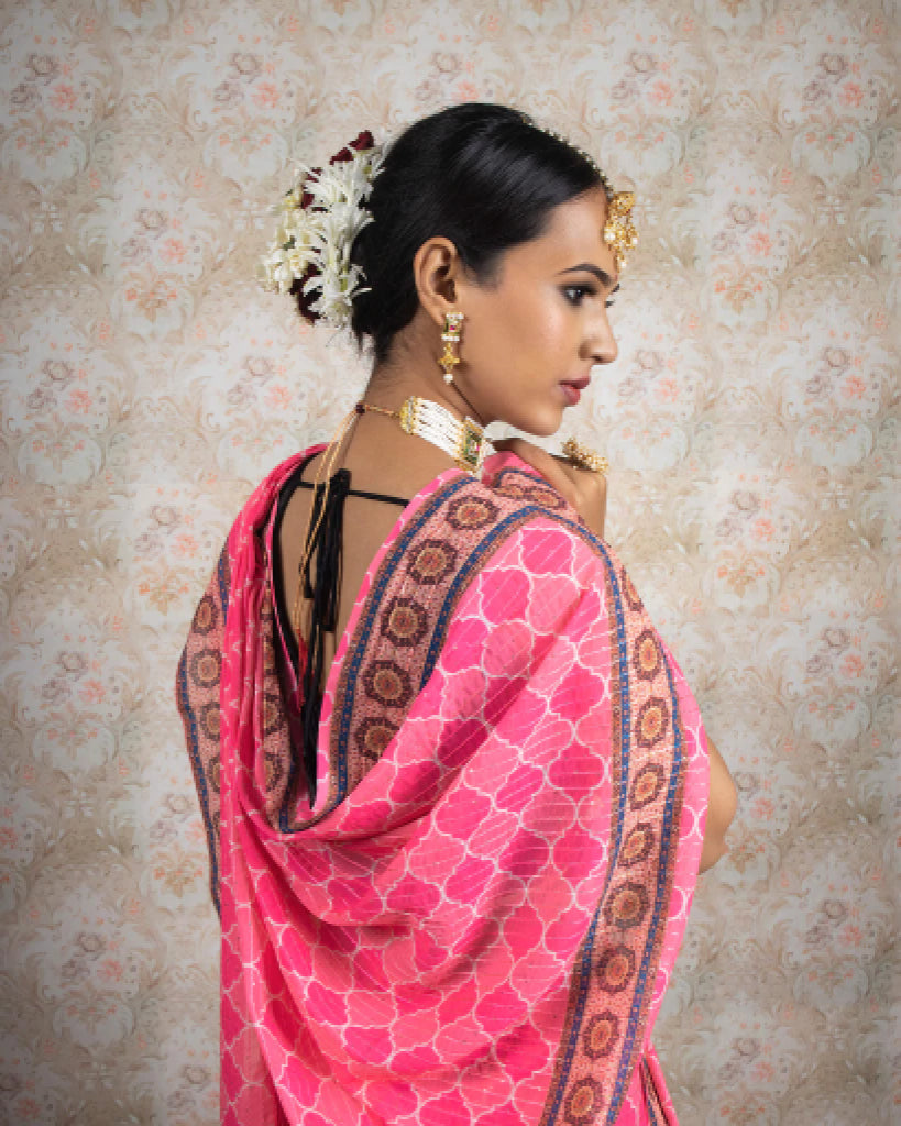 Hot Pink Trellis Pattren Sequins Georgette Saree With Tassels