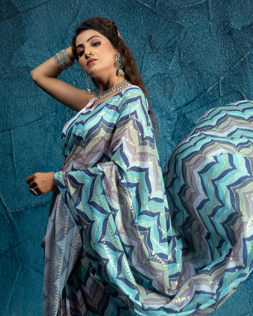 Blue And Careys Pink Chevron Pattern Stripes Sequins Embroidery Digital Print Georgette Saree With Tassels
