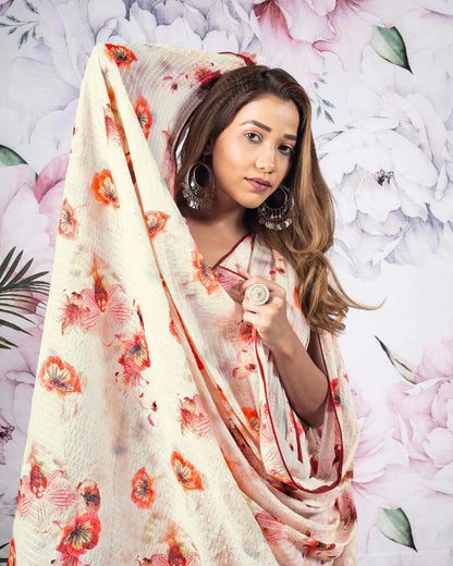 Oat Beige And Red Floral Pattern Sequins Georgette Saree With Satin Border