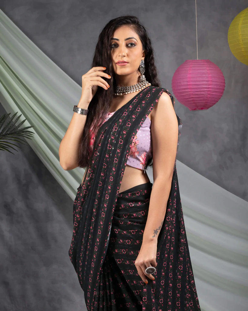 Black And Taffy Pink Stripes Pattern Booti Sequins Embroidery Digital Print Georgette Saree With Tassels