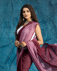 Maroon And White Daman Pattern Booti Sequins Digital Print Georgette Saree With Tassels