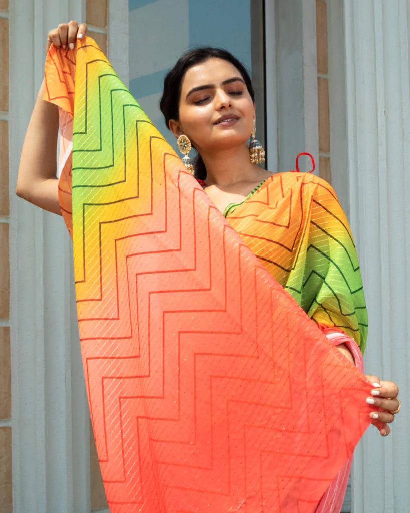 Pink and Green Ombre Pattern Premium Sequins Georgette Saree