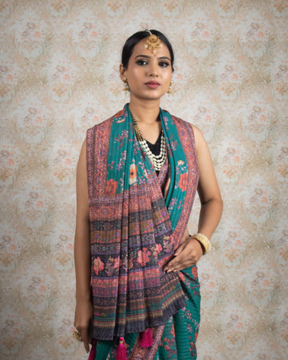 Sea Green And Pink Floral Pattren Sequins Georgette Saree With Tassels