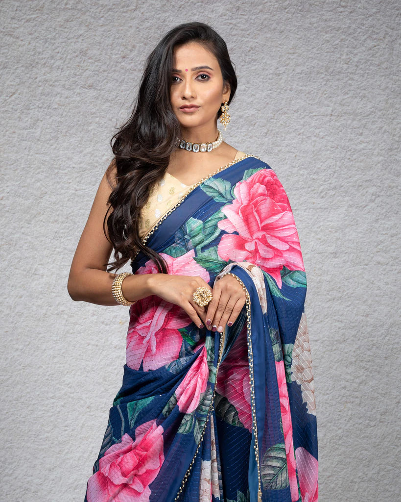Yale Blue And Pink Floral Pattren Digital Print Sequins Georgette Saree With Tubular Beads Pearl Work Lace Border