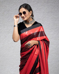 Black And Red Stripes Pattern All Over Sequins Digital Print Japan Satin Saree
