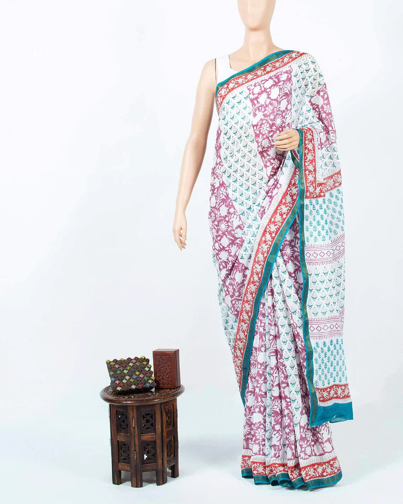 White And Teal Blue Floral Pattern Handblock Zari Bordered Cotton Mulmul Saree With Blouse