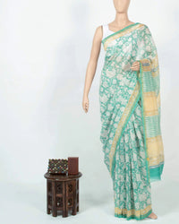 White And Mellow Yellow Paisley Pattern Handblock Zari Bordered With Heavy Pallu Pure Chanderi Saree