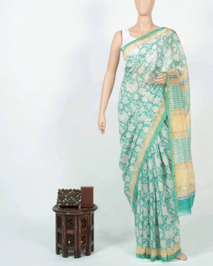 White And Mellow Yellow Paisley Pattern Handblock Zari Bordered With Heavy Pallu Pure Chanderi Saree