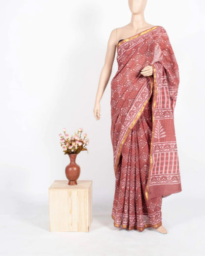 Maroon And Beige Geometric Pattern Kashish Handblock Zari Bordered Cotton Mulmul Saree