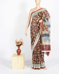 Pearl White And Royal Blue Floral Pattern Handblock Zari Bordered With Heavy Pallu Pure Chanderi Saree