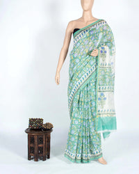 White And Royal Blue Geometric Pattern Handblock Zari Bordered With Heavy Pallu Pure Chanderi Saree