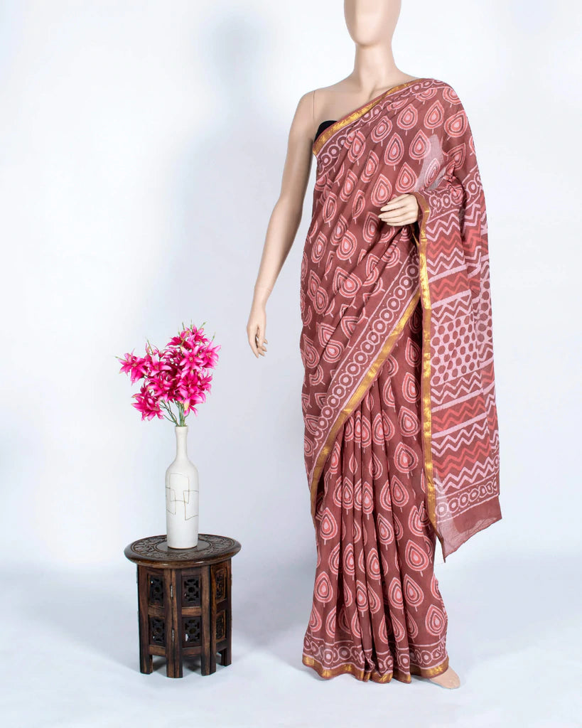 Maroon And Beige Leaf Pattern Kashish Handblock Zari Bordered Cotton Mulmul Saree With Blouse