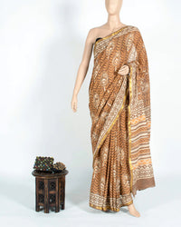 Beige And Orange Peacock Feather Pattern Kashish Handblock Zari Bordered Cotton Mulmul Saree