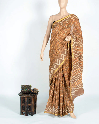Beige And Orange Tree Pattern Kashish Handblock Zari Bordered Cotton Mulmul Saree With Blouse
