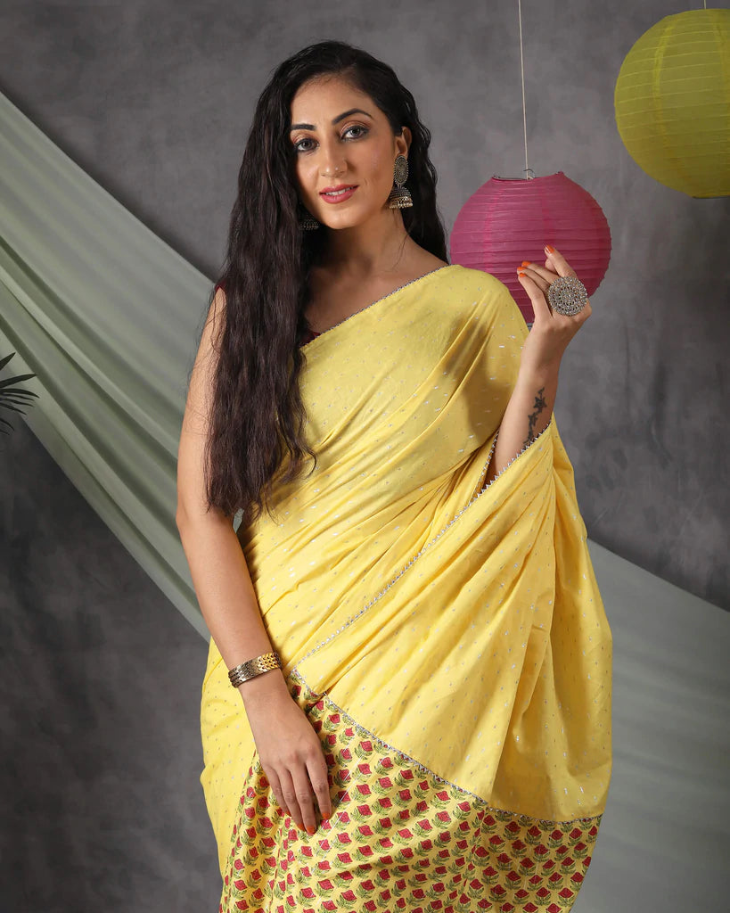 Laguna Yellow Half Floral Pattern Handblock Cotton Lurex Saree With Silver Zari Lace Border