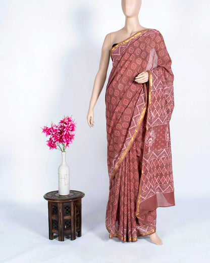 Maroon And Beige Ethnic Pattern Kashish Handblock Zari Bordered Cotton Mulmul Saree