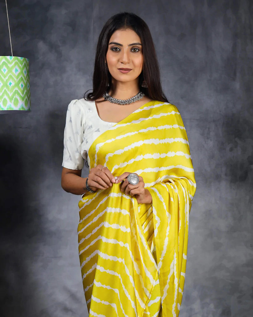 Royal Yellow And White Leheriya Pattern Digital Print Crepe Silk Saree With Tassels