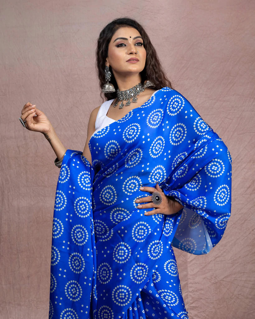 Royal Blue And Cream Bandhanii Pattern Digital Print Georgette Satin Saree With Tassels