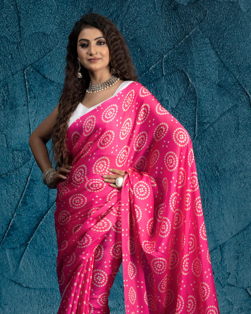 Hot Pink And Cream Bandhani Pattern Digital Print Georgette Satin Saree With Tassels