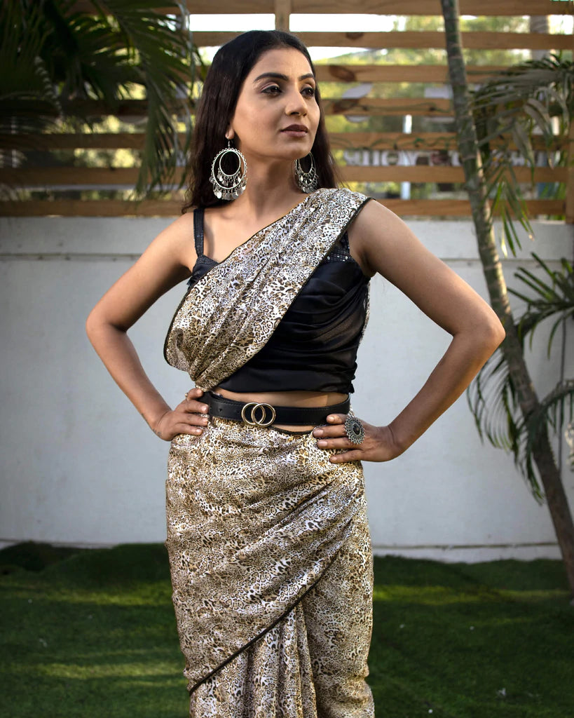 Olive Green And Black Animal Pattern Digital Print Crepe Silk Saree With Lace Border