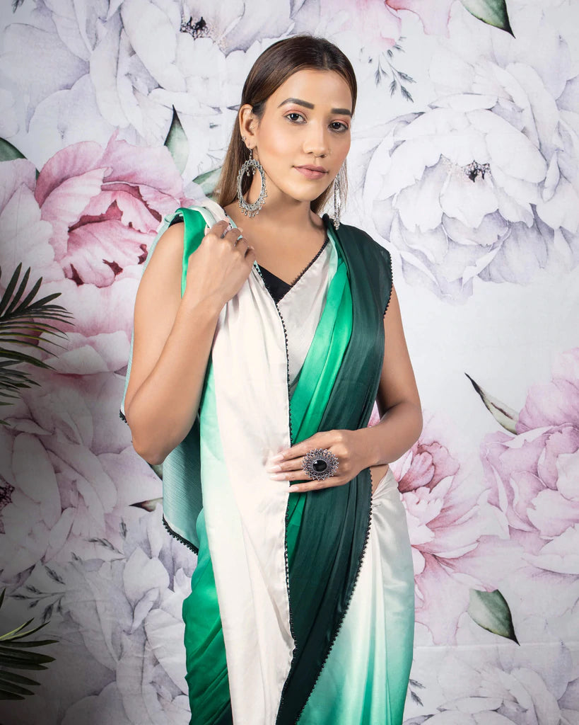 Green And White Ombre Pattern Digital Print Chiffon Satin Saree With Pearl Work Lace Border