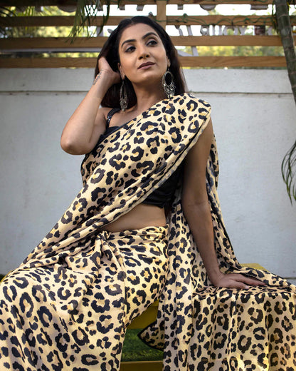 Black and Beige Animal Pattern Digital Print Georgette Satin Saree With Lace Border