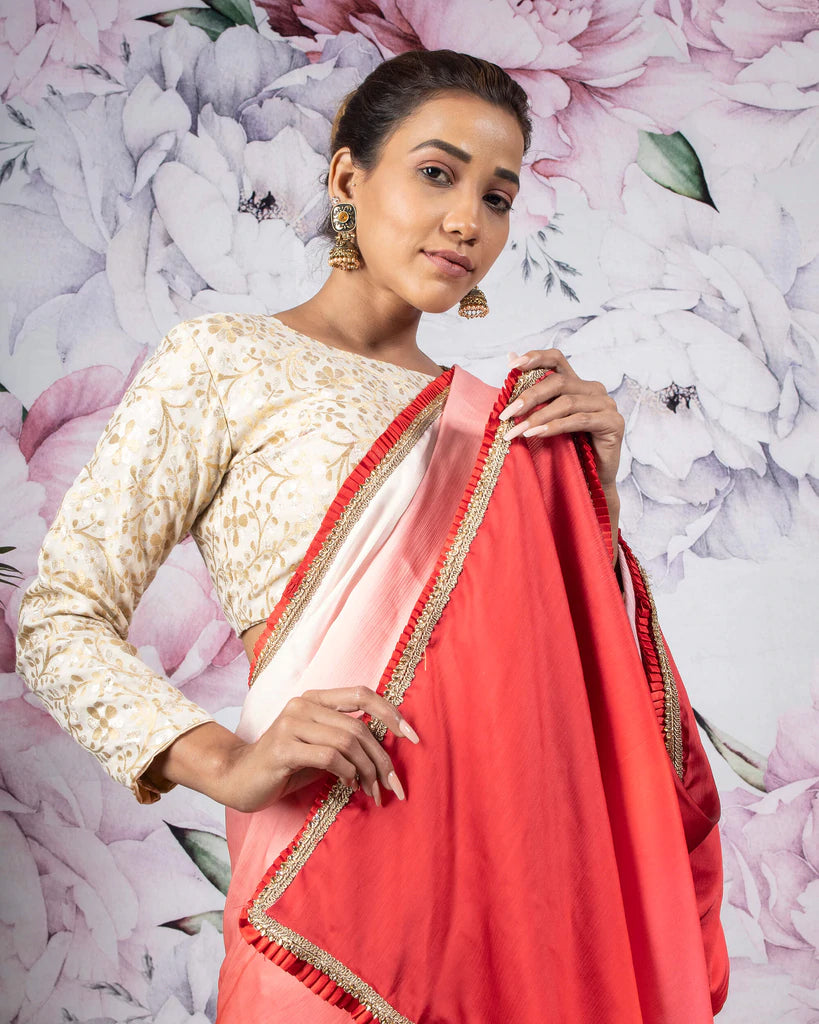 Red And Pink Ombre Pattern Digital Print Chiffon Satin Saree With Stone Work Lace Border